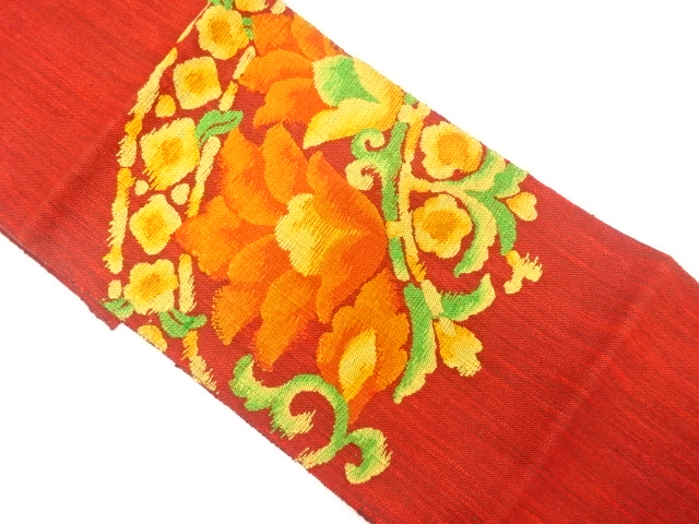 手織り真綿紬　花唐草模様織り出し　名古屋帯